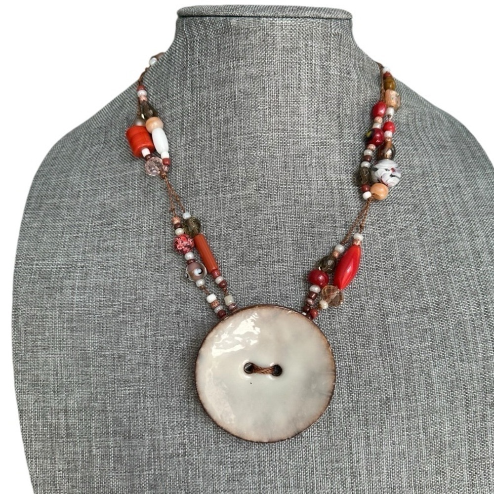 Vintage Artisan Multi Strand Beaded Statement Necklace Big Pearl Button Pendant